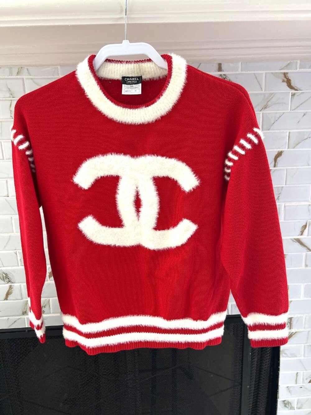 Chanel Uniform CC Logo Sweater Red White Cotton Crewneck Pullover Size M